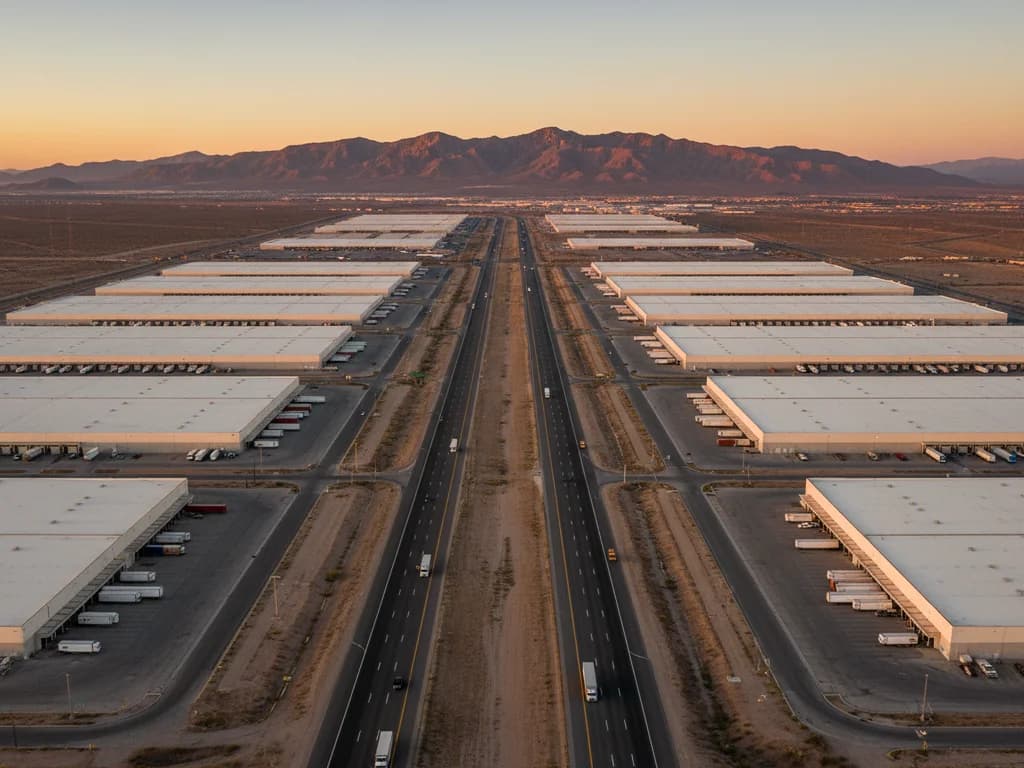 Vista aérea de un corredor industrial fronterizo EE. UU.–México en la hora dorada