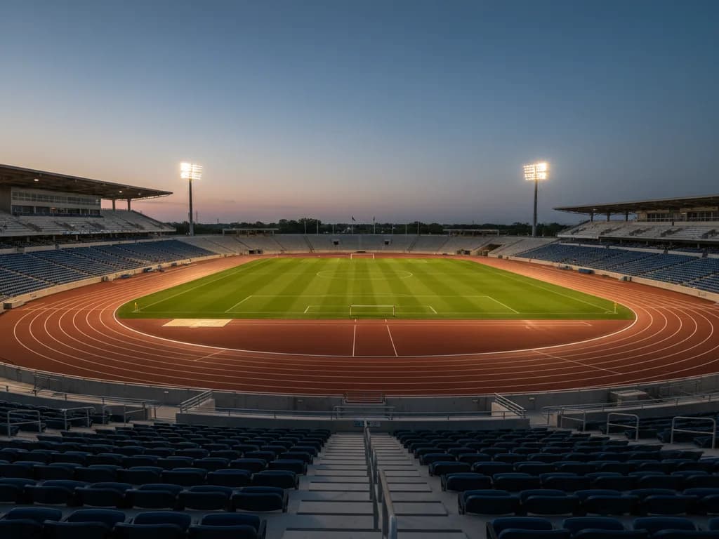 Estadio universitario de atletismo vacío al anochecer con las luces calentando