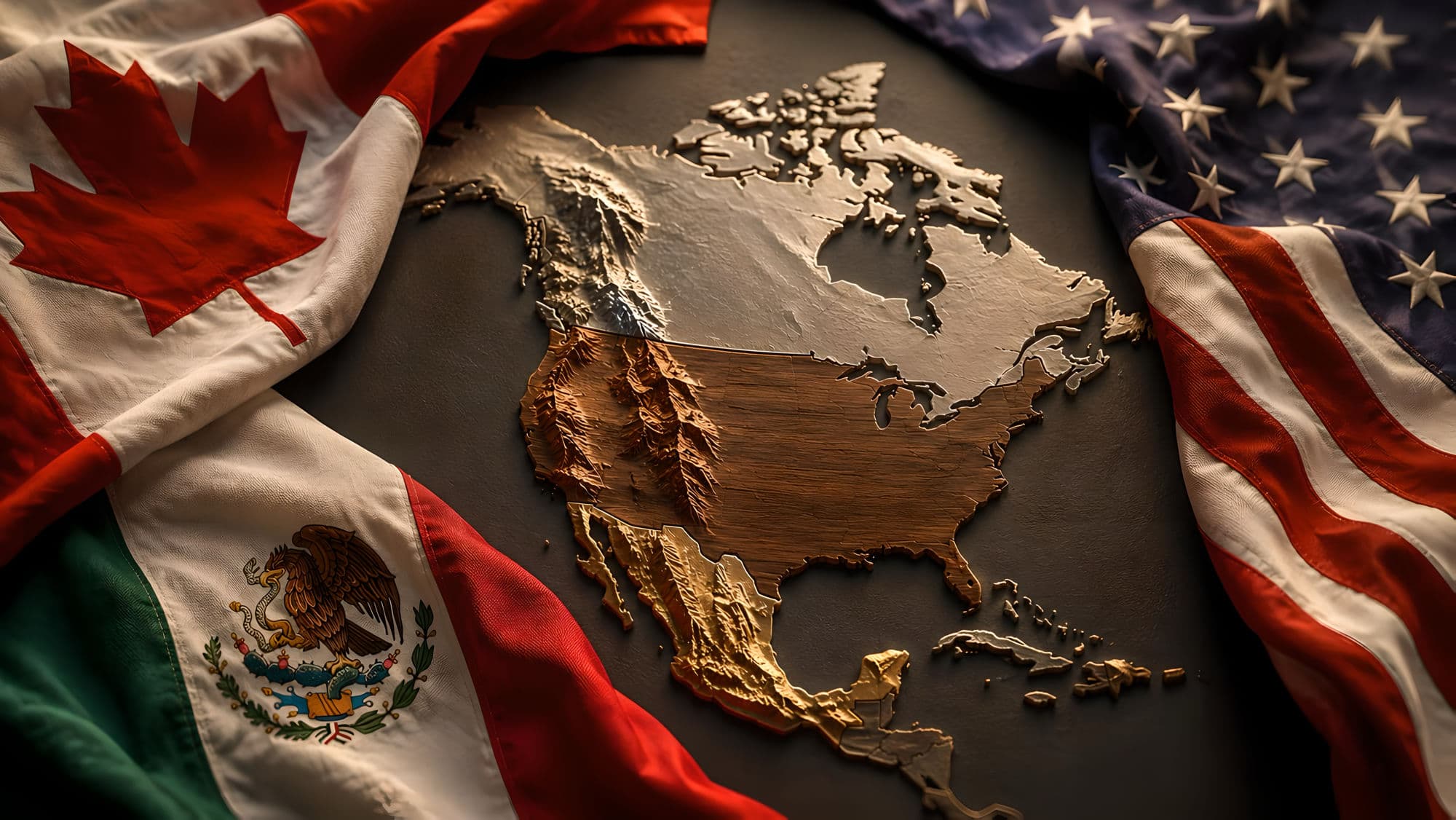 Mapa en relieve dorado de Norteamérica enmarcado por las banderas de Canadá, México y Estados Unidos